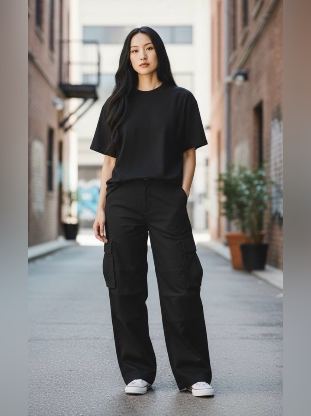 Khy Cargo Pants Womens Medium Black Wide Leg Utility Zip Pocket Streetwear Twill